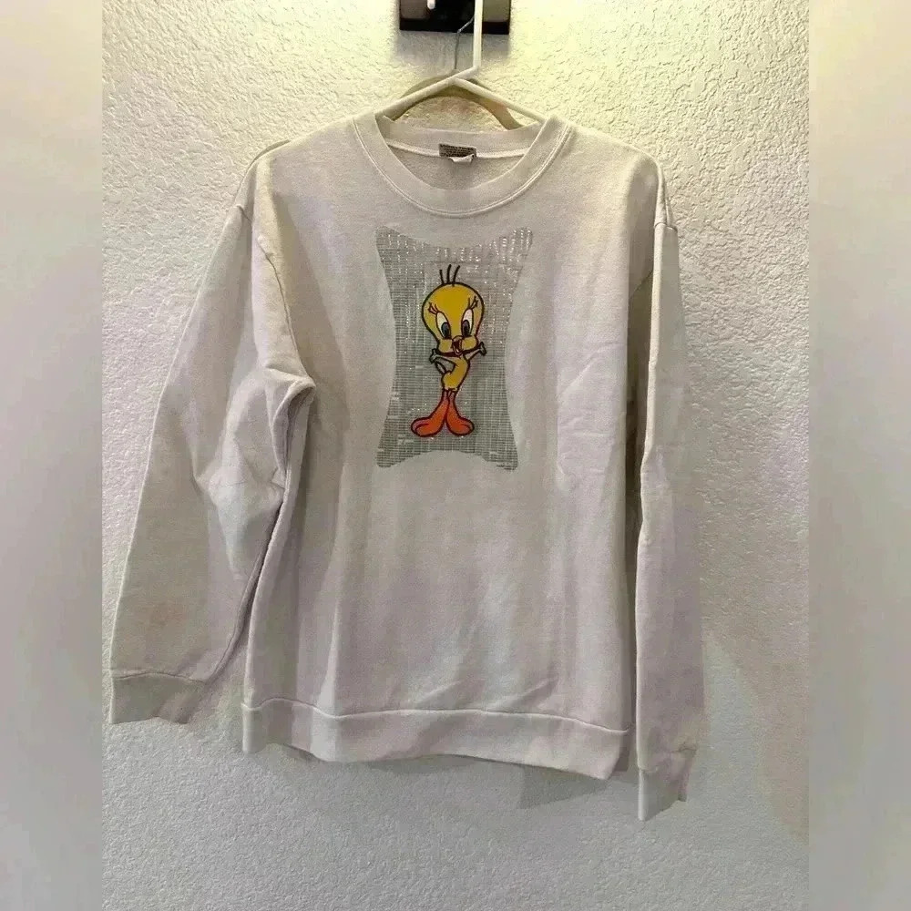 Vintage 1993 Looney Tunes Tweety Sweatshirt Sequin Patch White Unisex Loungewear